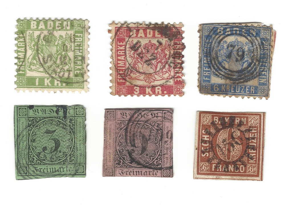 1850’s-1860’s BADEN LOT OF 6 DIFFERENT STAMPS VALUE IN CIRCLE, COAT OF ARMS
