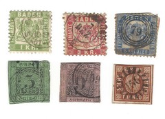 1850’s-1860’s BADEN LOT OF 6 DIFFERENT STAMPS VALUE IN CIRCLE, COAT OF ARMS