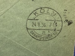 1936 Germany Koln, Bahnpostamt 10, Airmail, Highly likely Zeppelin carried/ USA