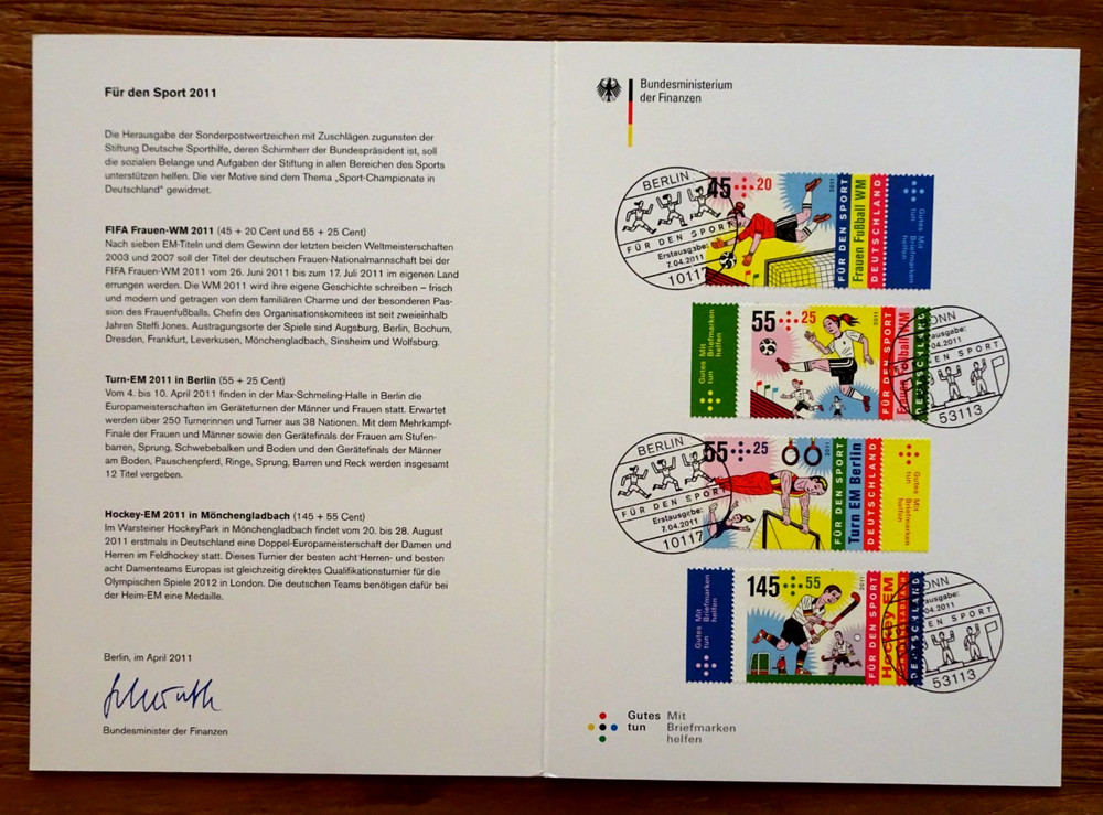Minister Card Bund 2857-2860 Sporthilfe For Sport 2011 Postmarked Germany