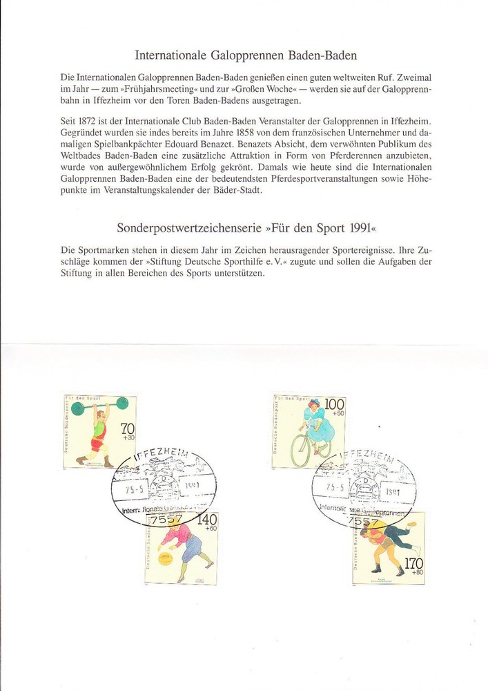 Germany 1991 Klappkarte Equestrian / Sport Mi 1499-1502 Sc B701-704 ETB Luxe !