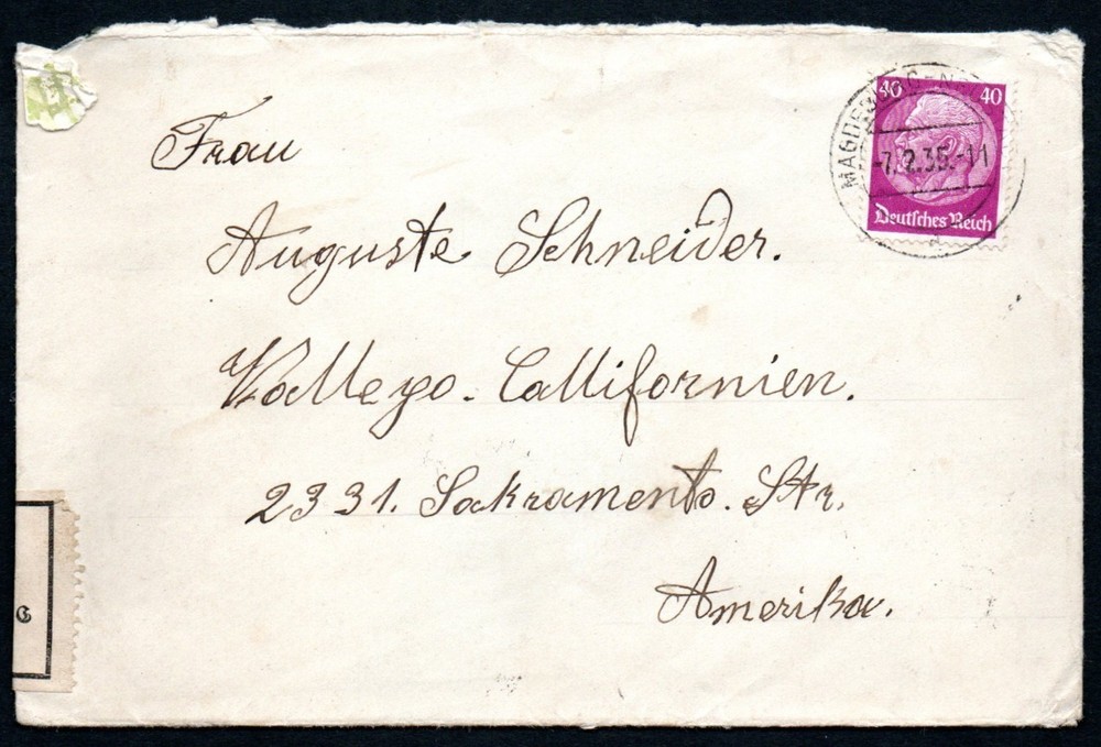 1935 Germany to US cover with customs labels