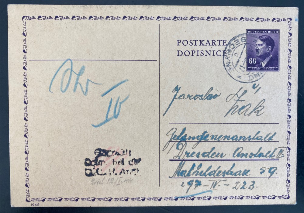 1944 Bechyne BM PC Cover to Dresden Germany Gestapo Prisoner Jaroslav Zak