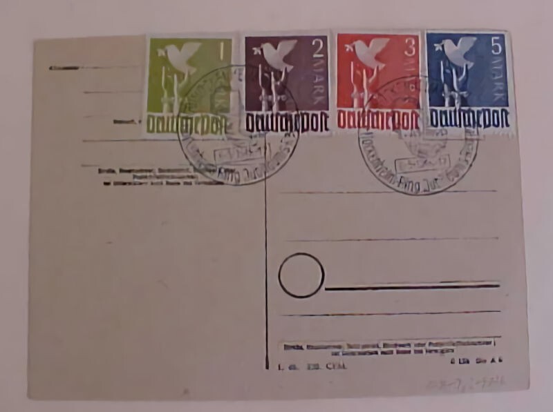 GERMAN 1948 PICTORIAL CANCEL PEACE DOVE SET OF 4 HOCKEMHIEM EXPO ON CARD