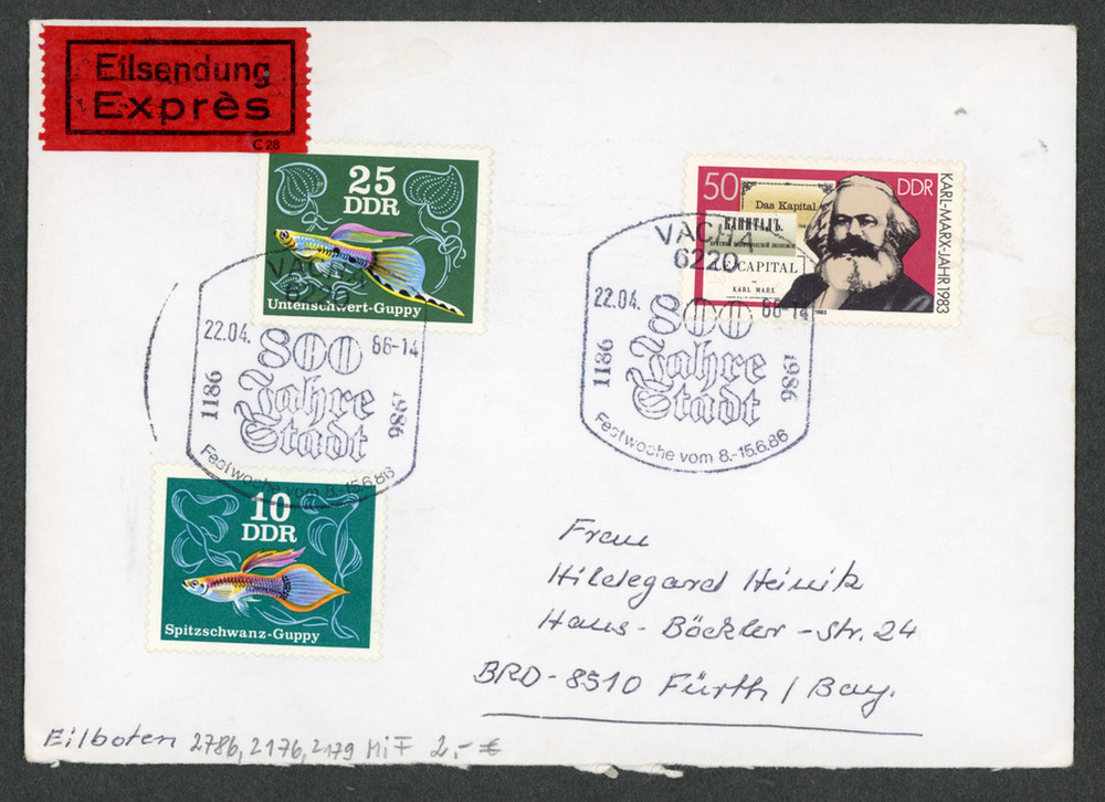 1986 DDR to BRD Express Mail Vacha Fürth Inner German Border Marx Guppy