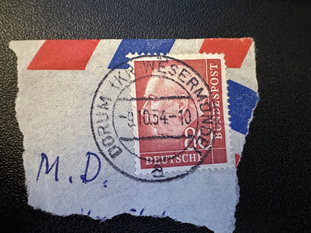 Germany stamp 1954 80p red. 1st German Pres. Heuss. SC DE717. on envelope corner