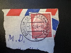 Germany stamp 1954 80p red. 1st German Pres. Heuss. SC DE717. on envelope corner