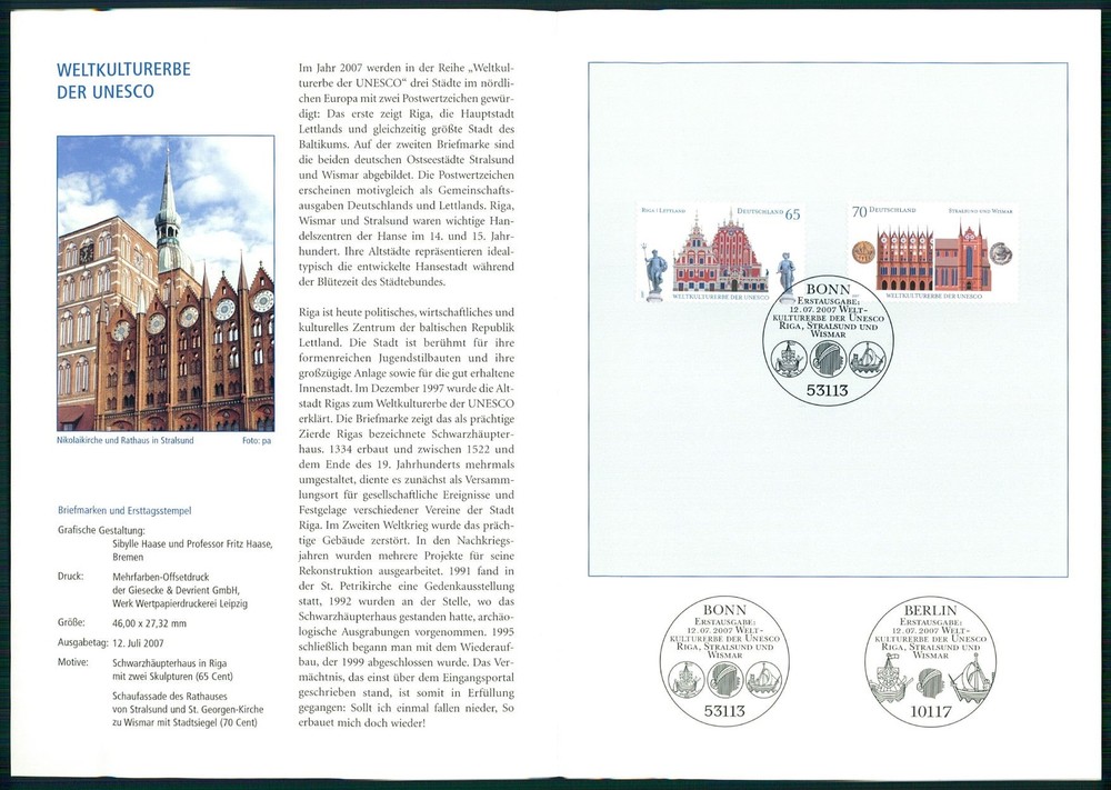 GERMANY FOLDER 2007/27 UNSECO WH WELTERBE RIGA STRALSUND WISMAR