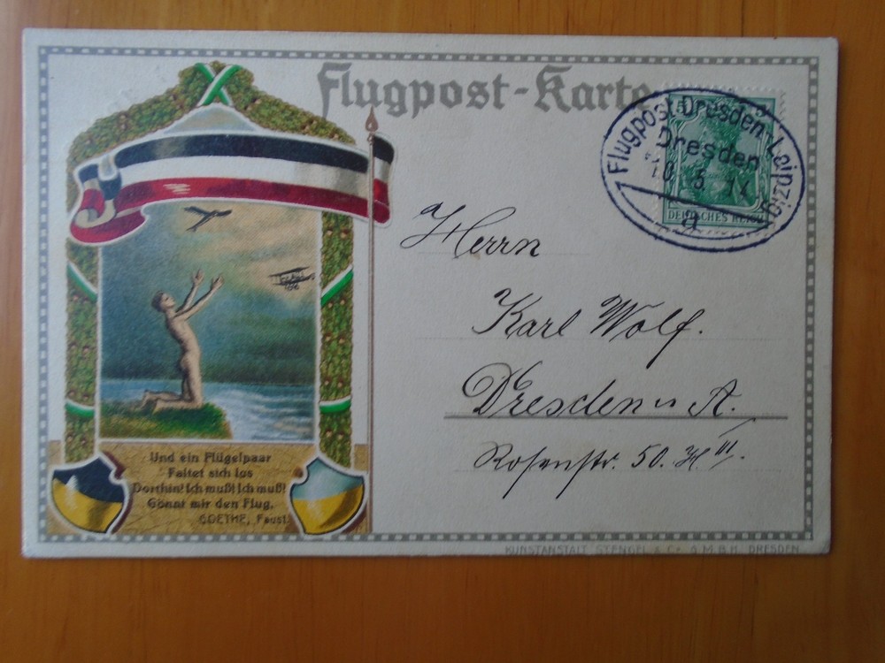 Germany 1914 Dresden to Leipzig art deco Official flight card & special postmark