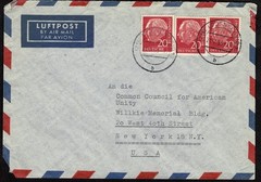 Two Covers German to USA 1958 bearing 3 and 4 copies of Heuss 20 ph red SC 710