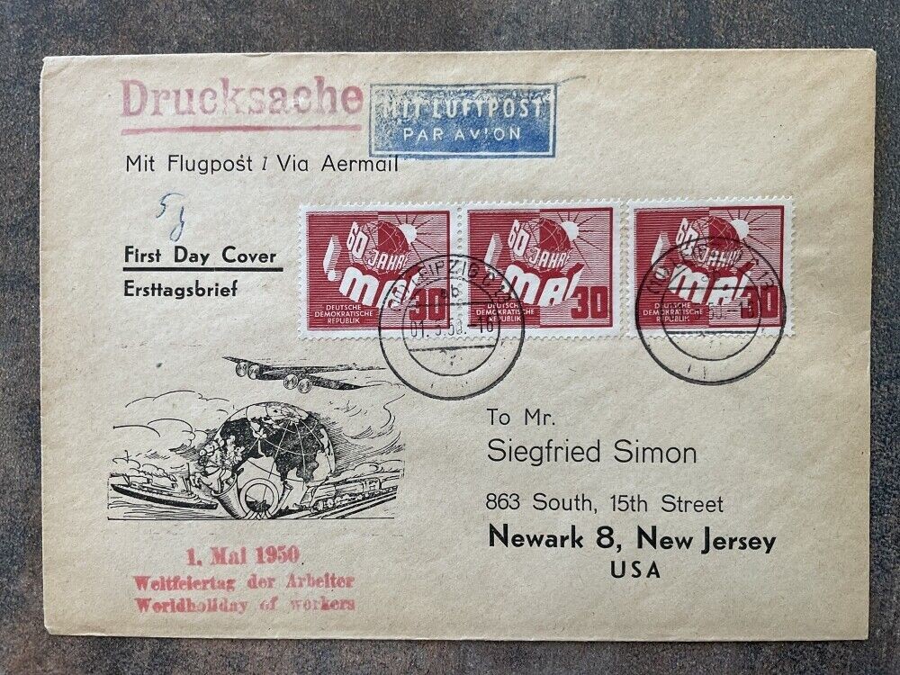 DDR GDR 1950 250 per3 FDC ITEM BEAUTIFUL First Day Cover to the USA (C6839