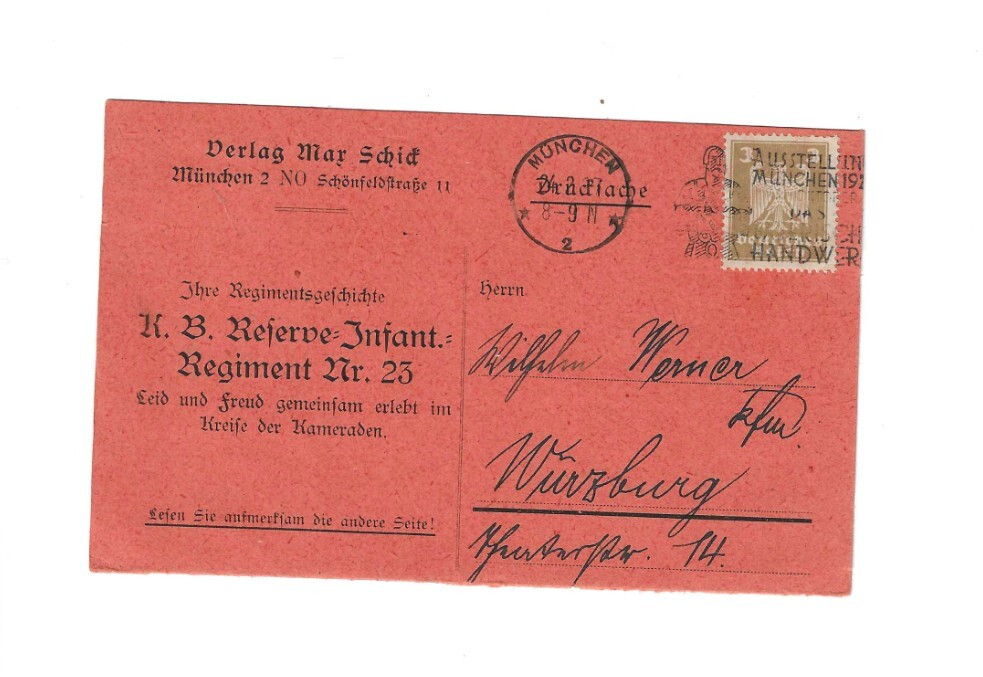 GERMANY 1927 Post Card sent from Munchen to Wutrzburg – K.B. Reserv Infant Reg