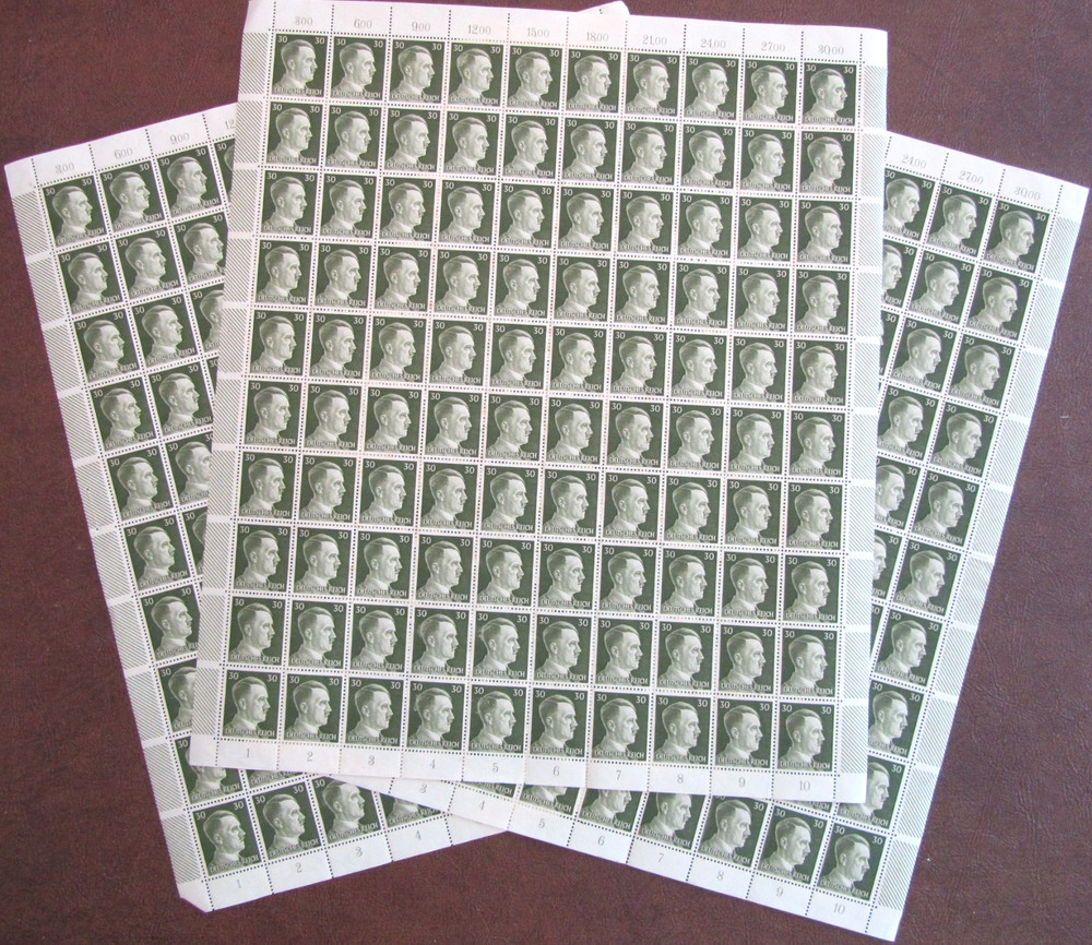 Deutsches 3rd Reich German Hitler 3 Full Sheets Stamps Hitler Head 30PF