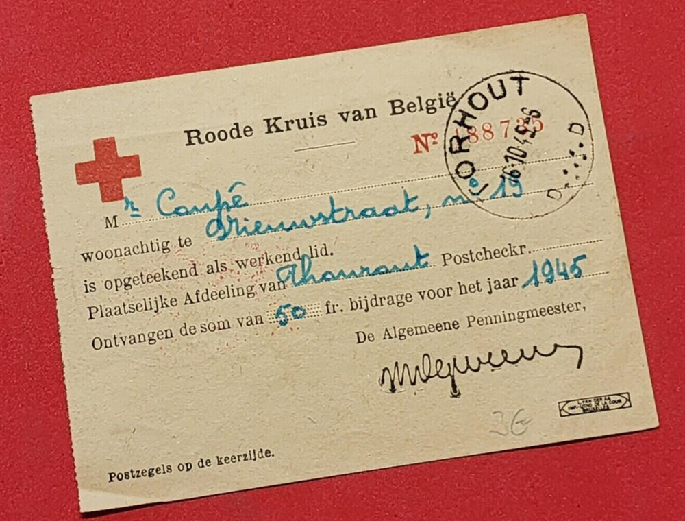 WW2 WWII Belgium Red Cross Medics receipt w stamps 1945 Rood Krius Van Belgie