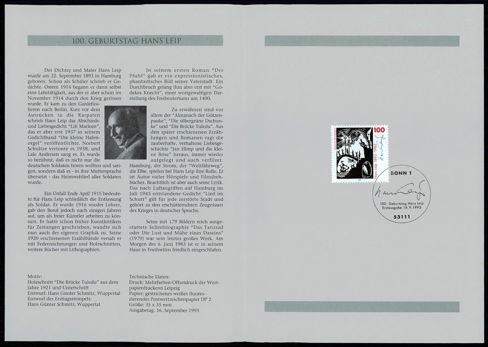 GERMANY FOLDER 1993/37 HANS LEIP LITERATUR DICHTER MALER KUNST