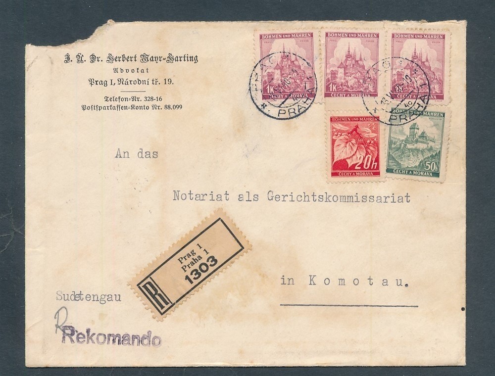 D448399 Germany Bohemia & Moravia Cover Registered Prague Komotau 1940