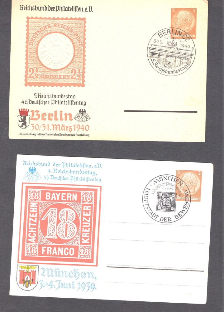 Germany 2 stamp show postal cards 1939, 1940