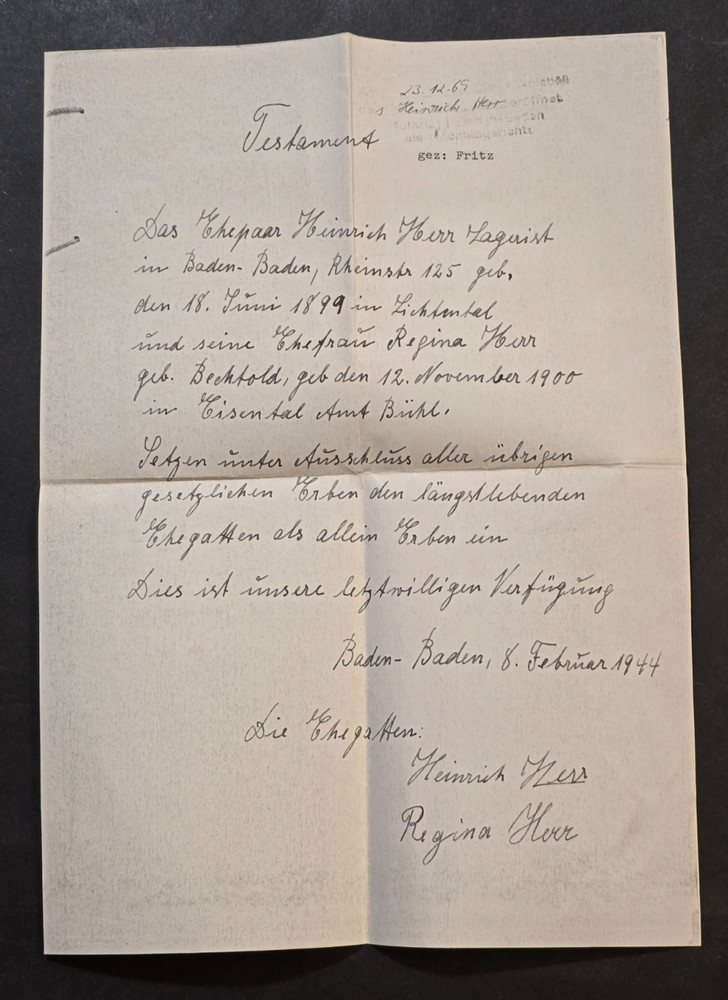 WWII Era German Third Reich Wartime Document Last Will & Testament 1944