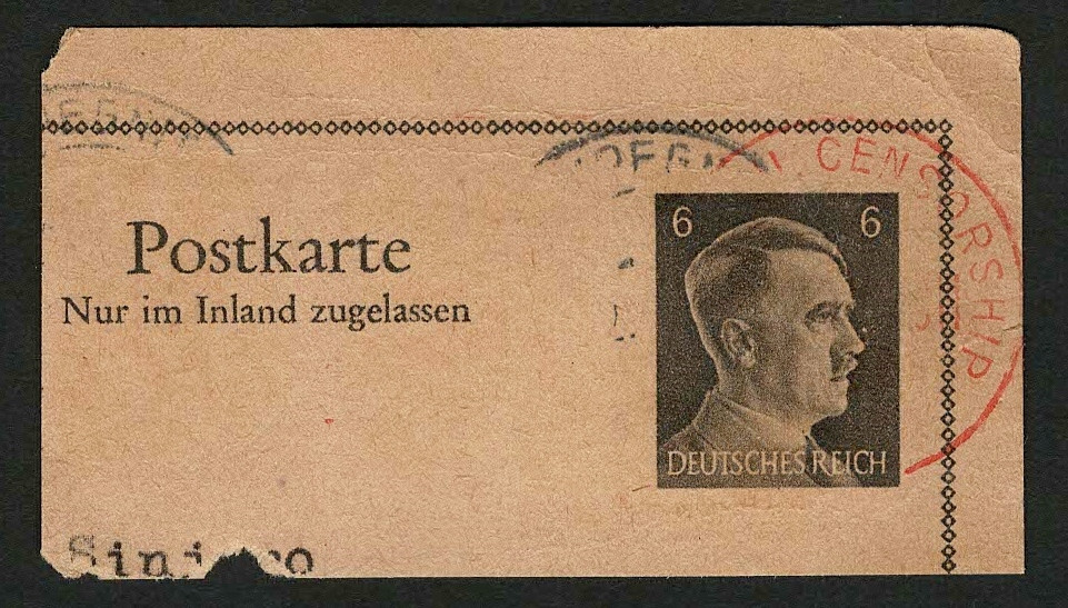 Germany 1930’s Hitler 6pf Postkarte Postcard w/Censorship Cancel Cut Square Used