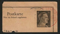 Germany 1930’s Hitler 6pf Postkarte Postcard w/Censorship Cancel Cut Square Used