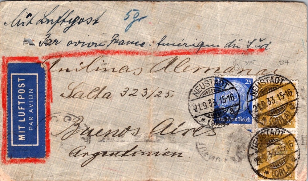 GERMANY 1933 AIRMAIL COVER VIA FRANCE AIRPLANE ADDR ARGENTINA POSTMARK NEUSTADT