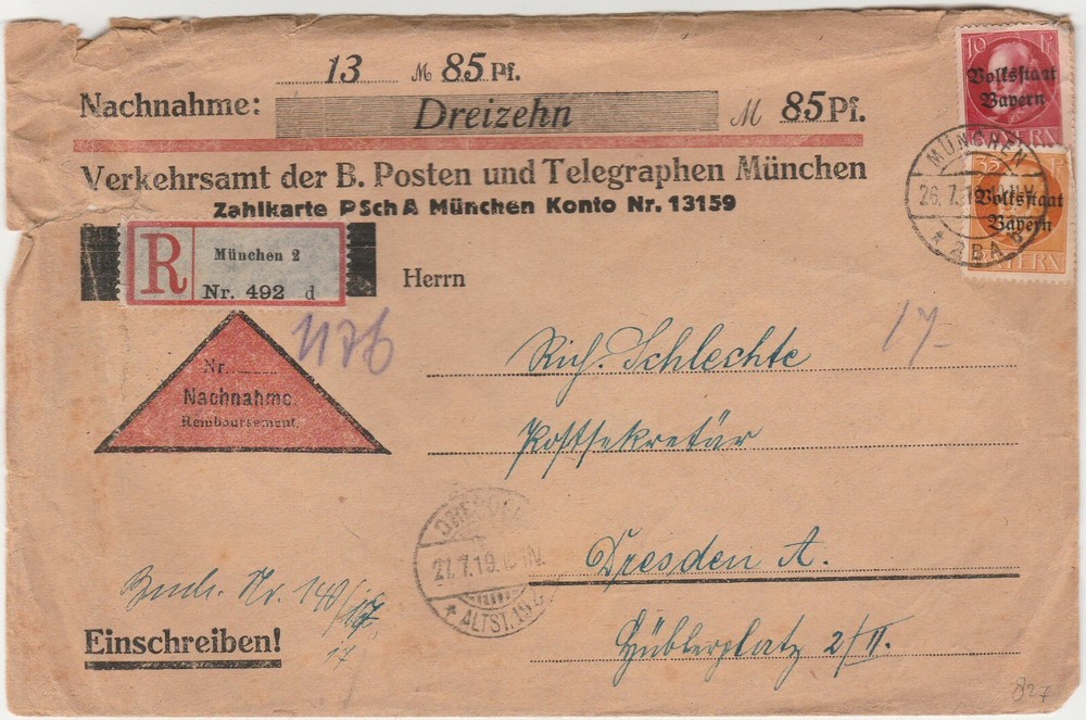 Cover Germany Bayern, 1919. Munchen to Dresden. Verkehrsamt der B Posten und Tel