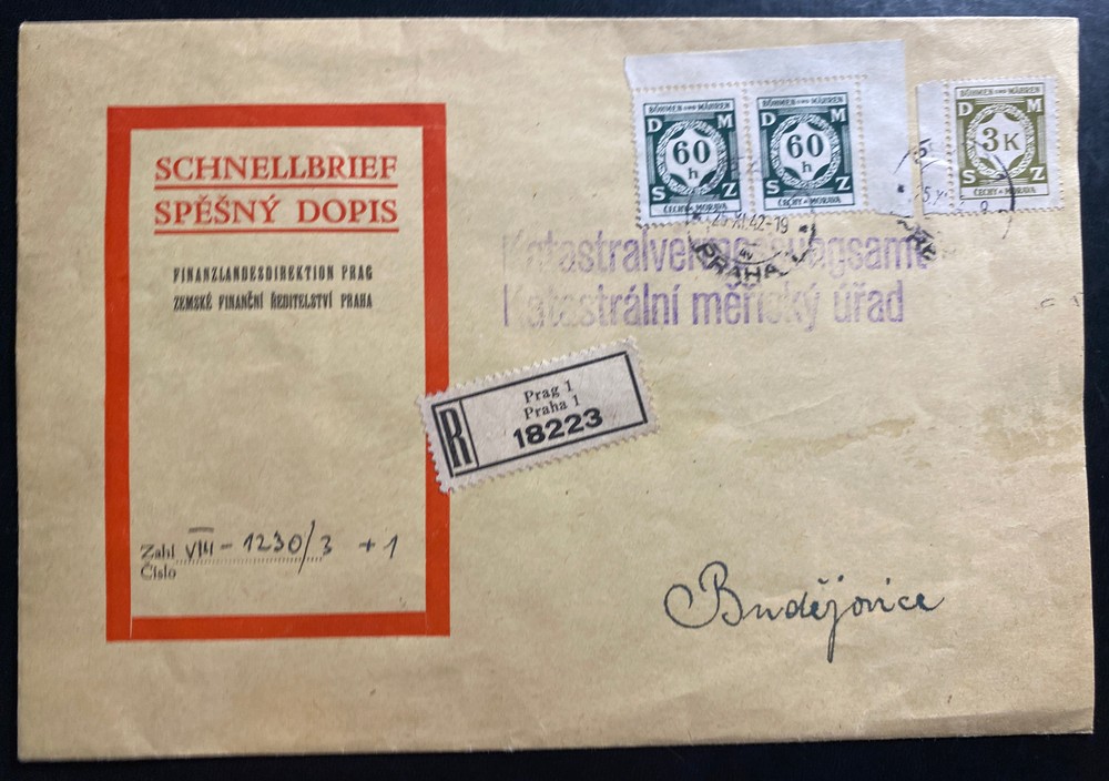 1942 Prague Bohemia Germany Finance Director Registered cover To Budejovice