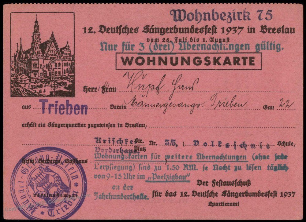 Germany 1937 Document Trieben Breslau Saengerbundfest Singer Living Quarte 77213