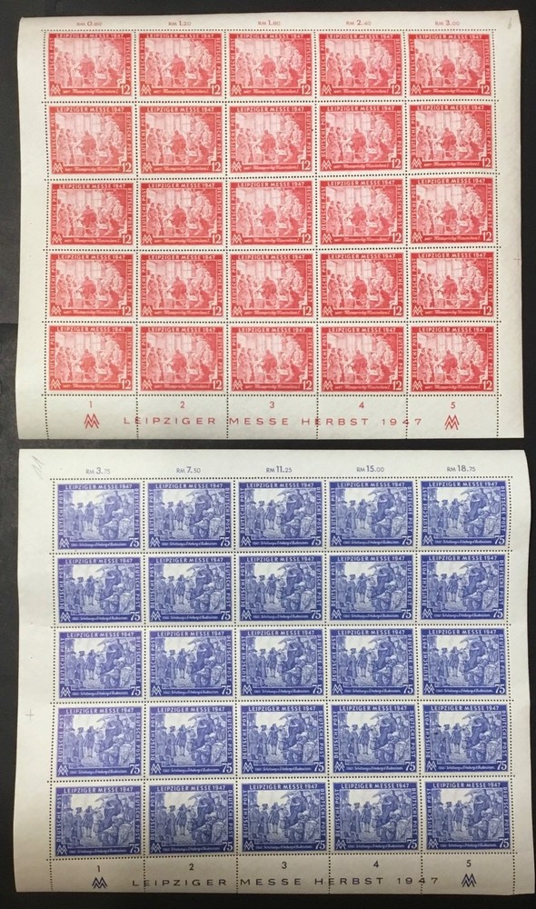 Germany FULL MINT SHEETS OF 25 Scott #580-581, Mi #965-966. Leipzig Fair 1947