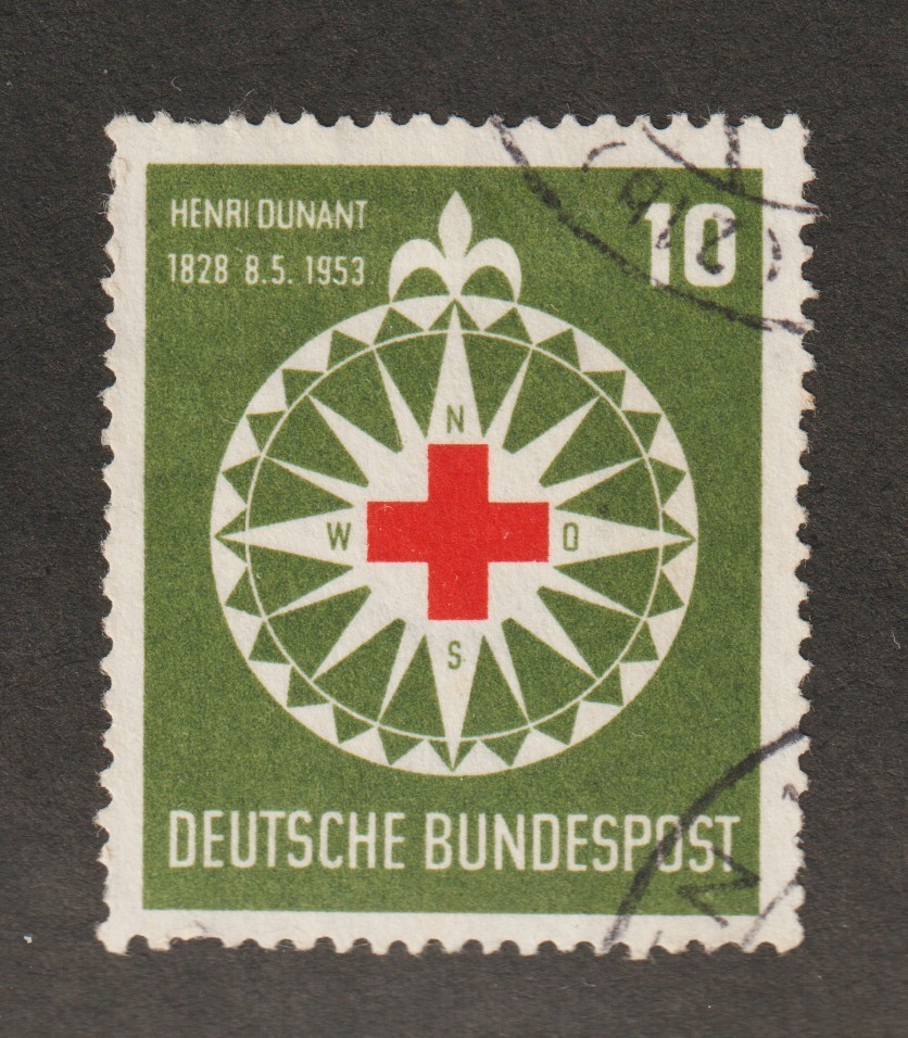 1953 Germany Sc# 696 – 10pf – Red Cross & Compass. Used Est$4.50