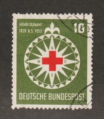 1953 Germany Sc# 696 – 10pf – Red Cross & Compass. Used Est$4.50