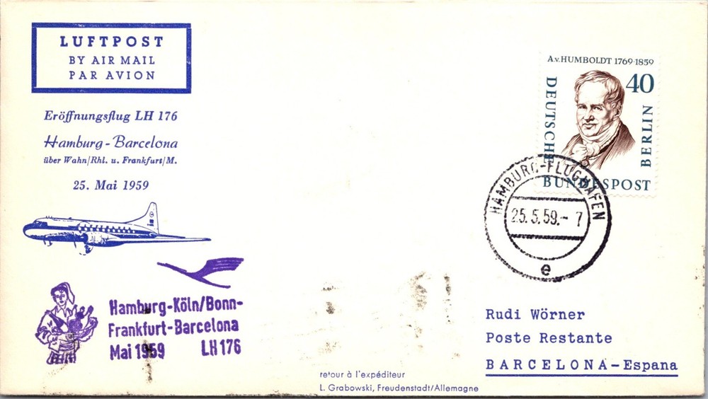 Germany FFC 1959 – Airmail – Hamburg To Barcelona – J7383