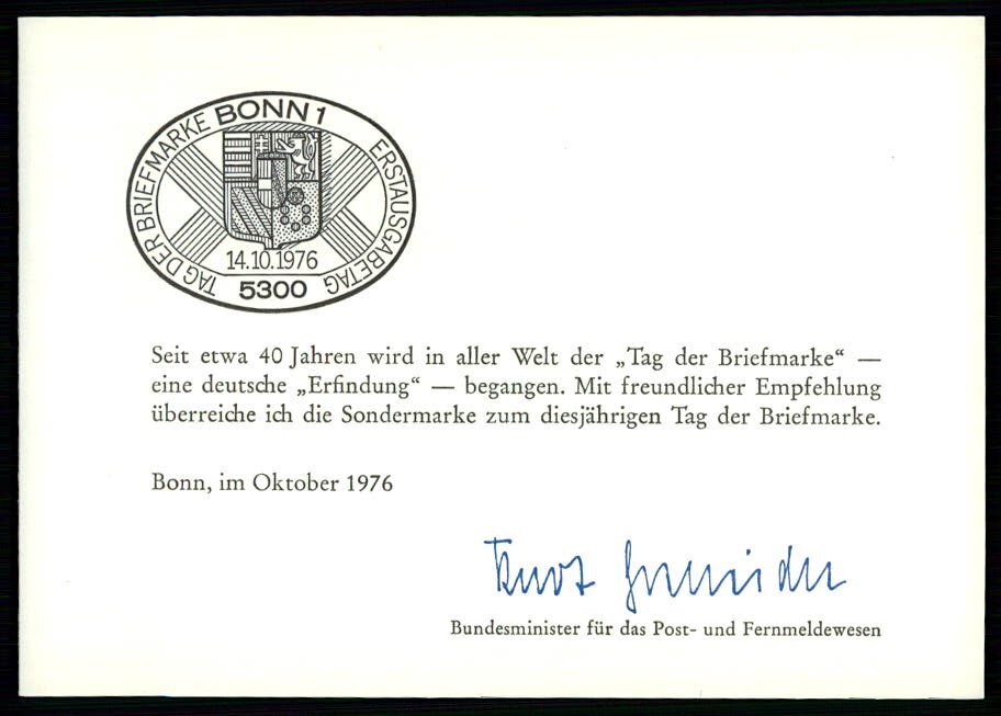 GERMANY MINISTER CARD 1976 RARE!! STAMP DAY TAG DER BRIEFMARKE ib63
