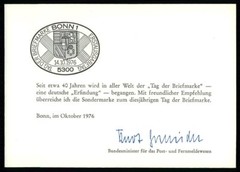 GERMANY MINISTER CARD 1976 RARE!! STAMP DAY TAG DER BRIEFMARKE ib63