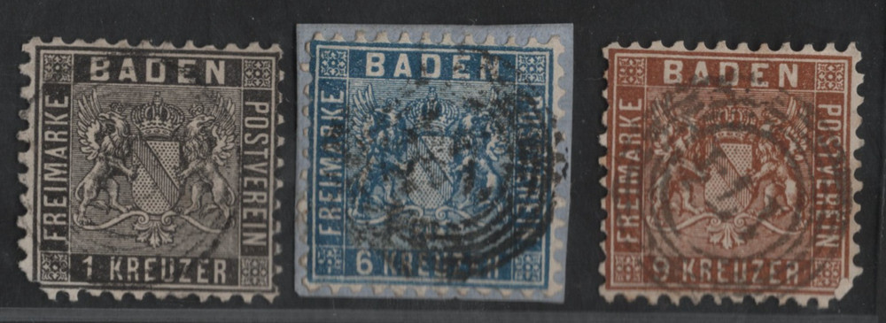 GERMANY BADEN 1862 SCOTT #15-17 USED CATALOG VALUE $400