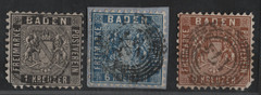 GERMANY BADEN 1862 SCOTT #15-17 USED CATALOG VALUE $400