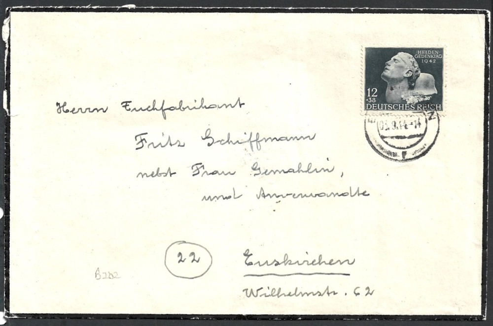 (BL) Germany 1942 Helden Gedentag 12pf+38pf on cover