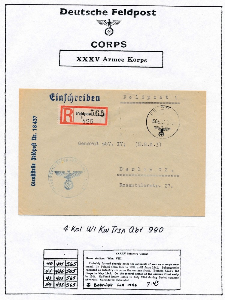 Germany WWII 1943 Registered Feldpost Cover XXXV Army Corps Berlin R Label
