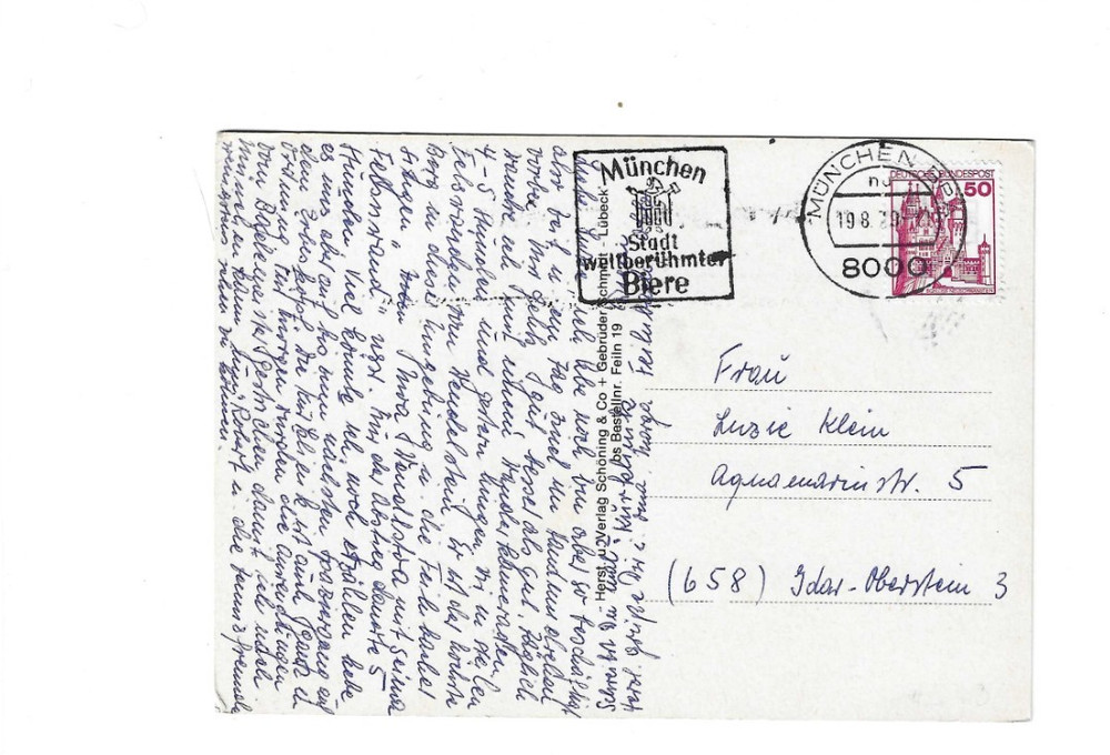 GERMANY Picture Post Card sent from Munchen to Idar-Oberstein – Slogan Cancel