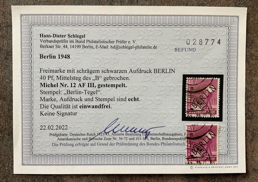 BERLIN 1948 12AFIII used FLAWLESS OPINION SCHLEGEL BPP (C7162
