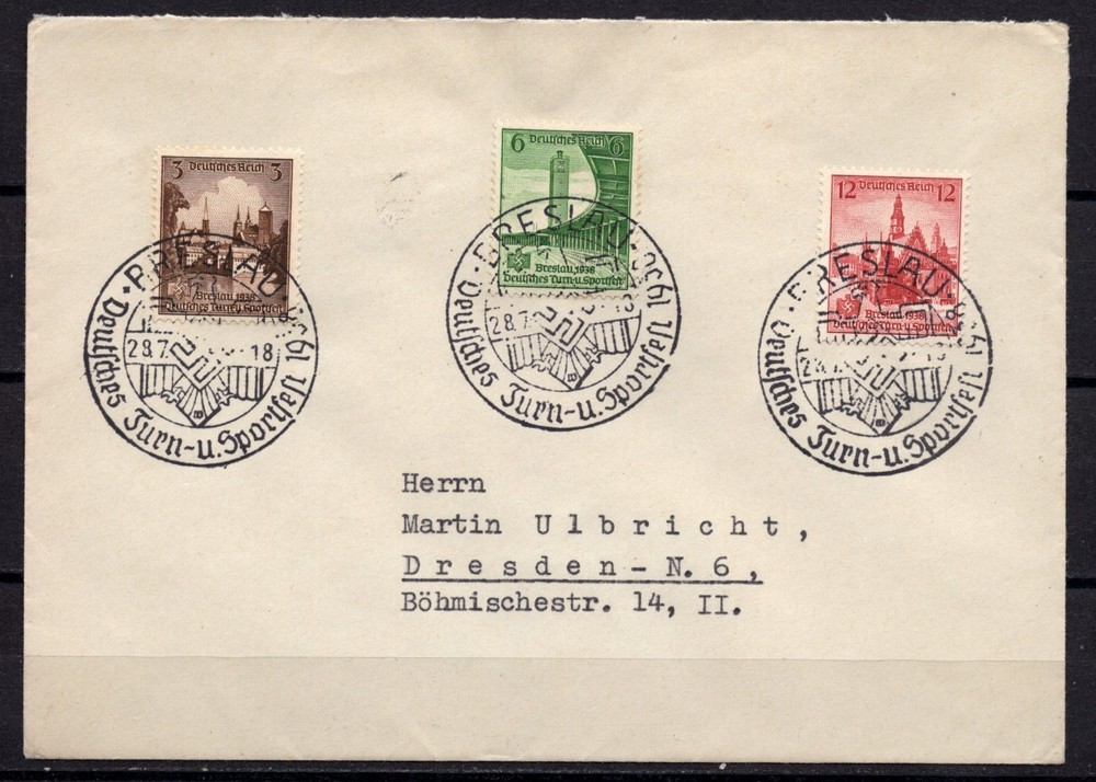 Germany 1938 Breslau Michel No 665/7 on letter to Dresden with special cds