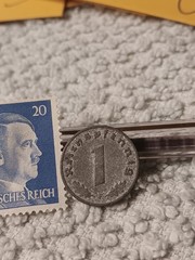 1942 German penny ~ 1 Pfenning ~ km#97 , WW2 Germany ~ + blue Stamp