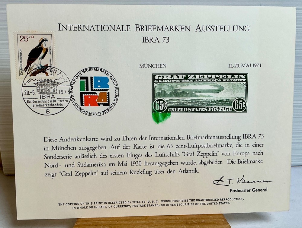 International Briefmarken Ausstellung IBRA 1973 Souvenir Card Zeppelin 8″ x 6″ b