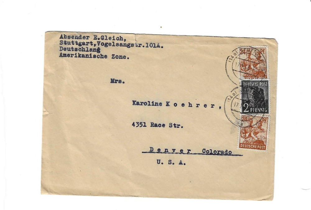 GERMANY 1948 Cover sent from Stuttgart to U.S. – creased, small tear
