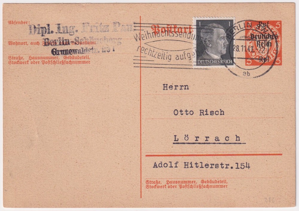 German Empire 1939 Stationery Mi.nr. P 283 + 1 Pf. Berlin – Lörrach 1941 (Mi