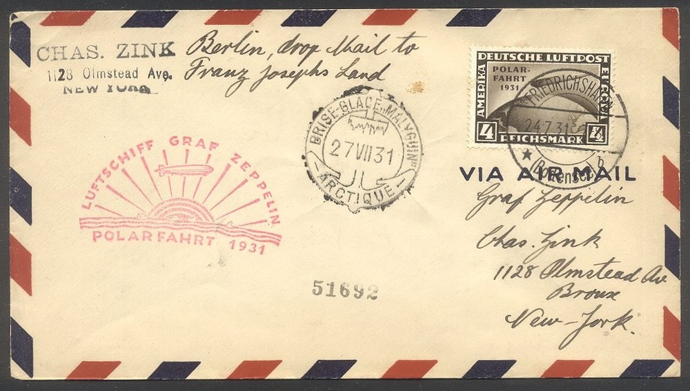 GERMANY #C42 on Cover – 1931 4m Polar Flight Zeppelin