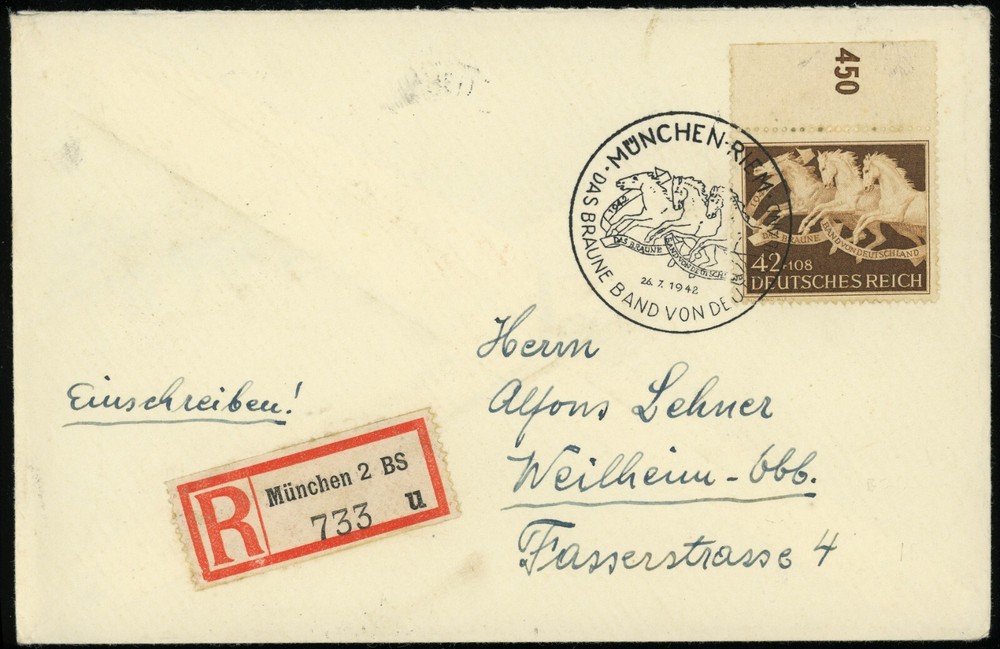 Munich Brown Ribbon of Germany Horse Race 1942 Special Postmark Registered Cover