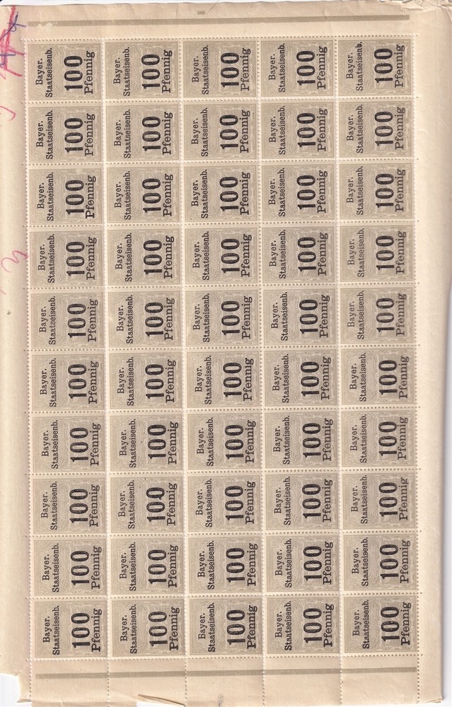 Stamp Germany Reich Bayern Revenue Sheet 1900 Railroad Bavaria Train Tax 100 MNH