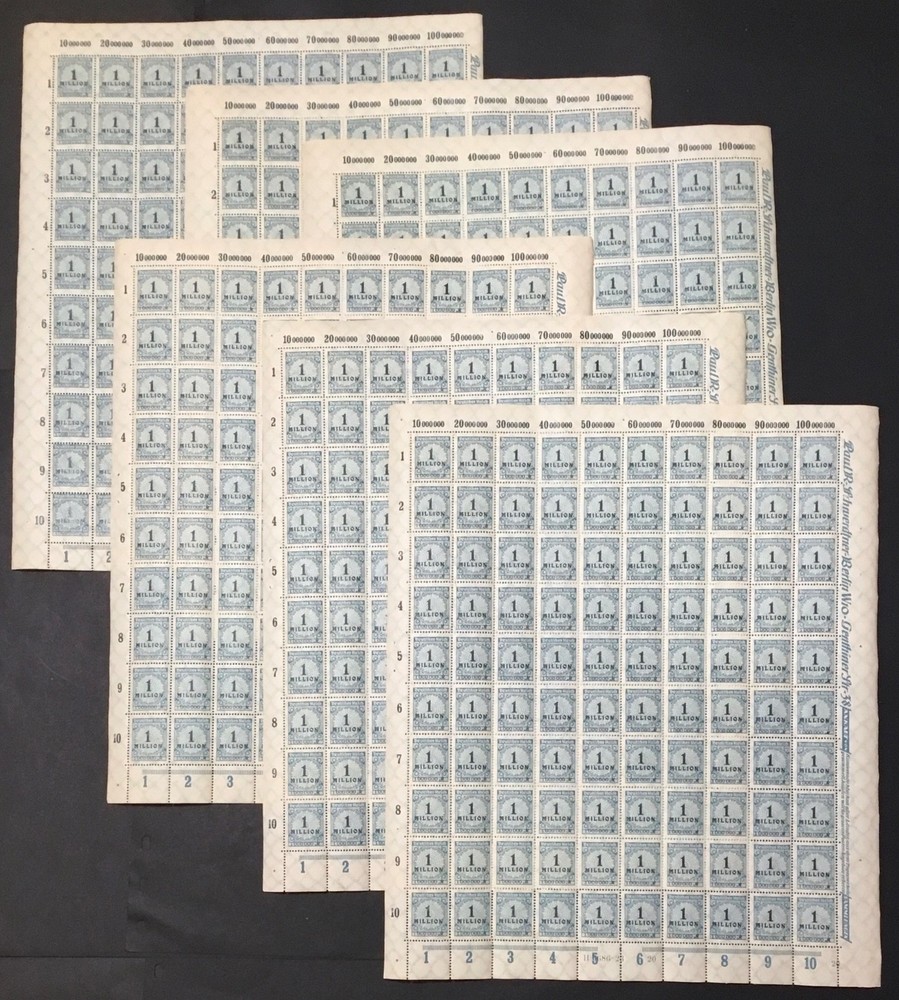 GERMANY 6 FULL SHEETS of 100 of 1923 Scott #281 1,000,000 1 MILLION MARKS MNH OG