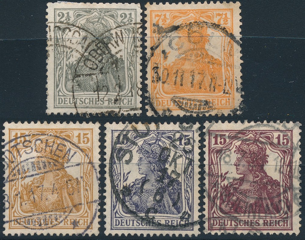 Germany Stamps Empire Scott #97-101 Used Lot – 1916 2.5pf 7.5pf 15pf Germania